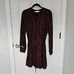 LOFT Plaid Long Sleeve Dress in Black and Red